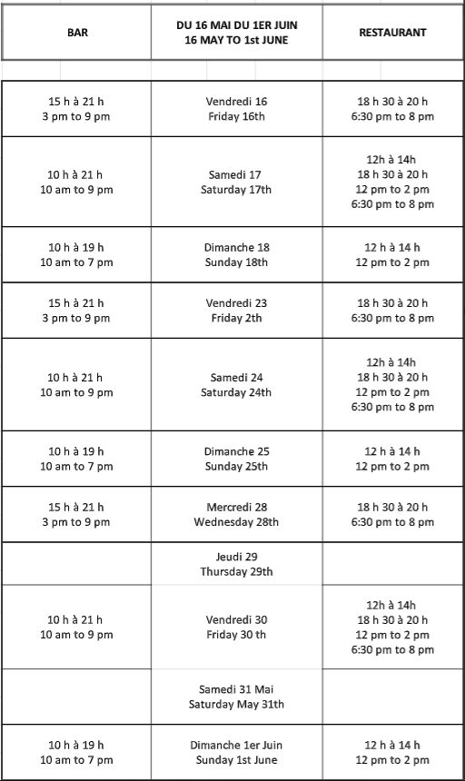 Horaires snack, du 16 mai au 1er juin