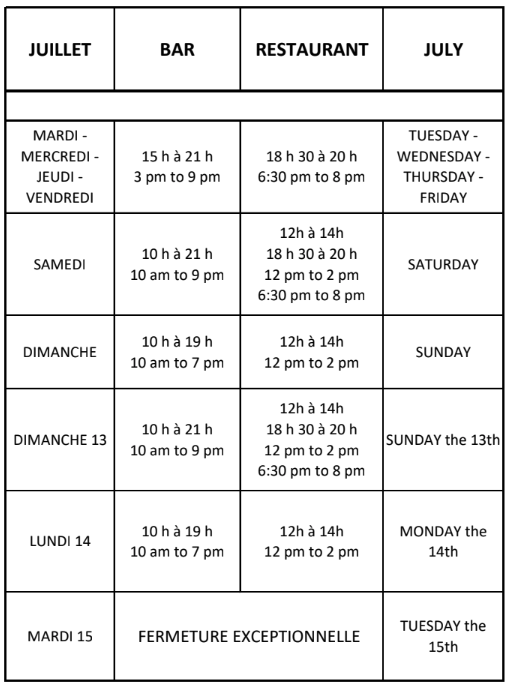 Horaires du snack-bar en juillet